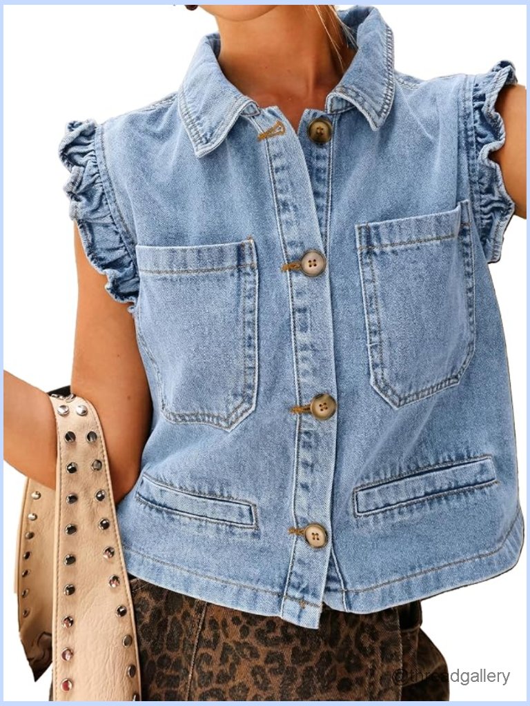 Sleeveless Denim Vest With Ruffle Cuffs Cropped Jean Vest Trendy